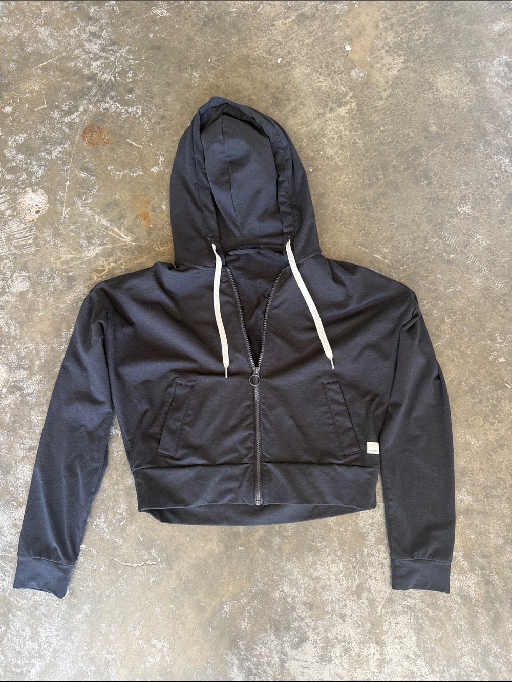 Vuori Black Cropped Zip Hoodie with White Drawstrings